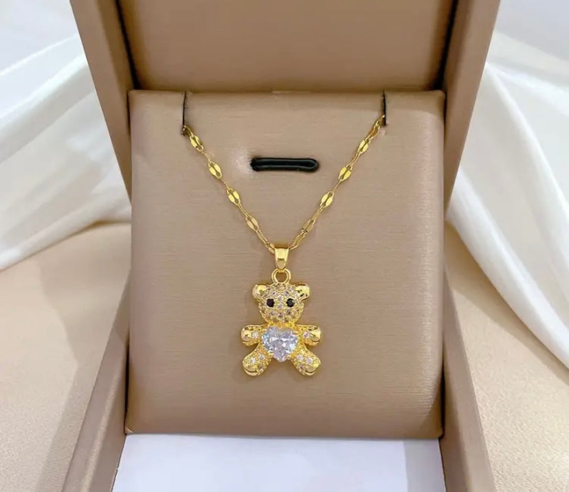 Crystal Heart Bear Necklace
