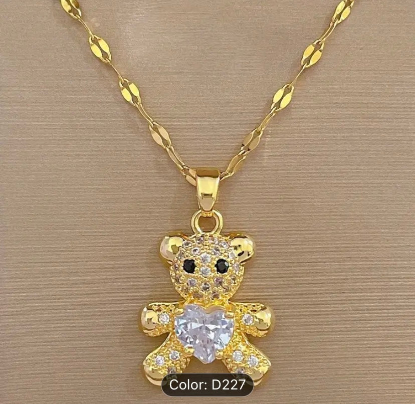 Crystal Heart Bear Necklace