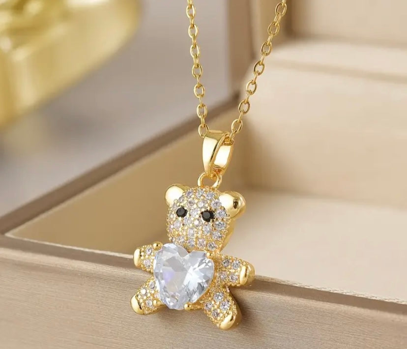 Crystal Heart Bear Necklace