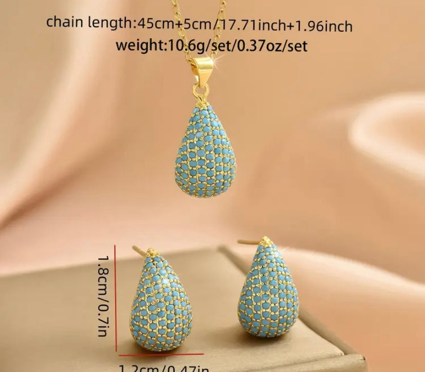 Gold colored turquoise necklace and earring set