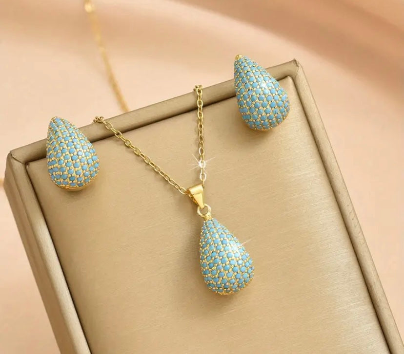 Gold colored turquoise necklace and earring set