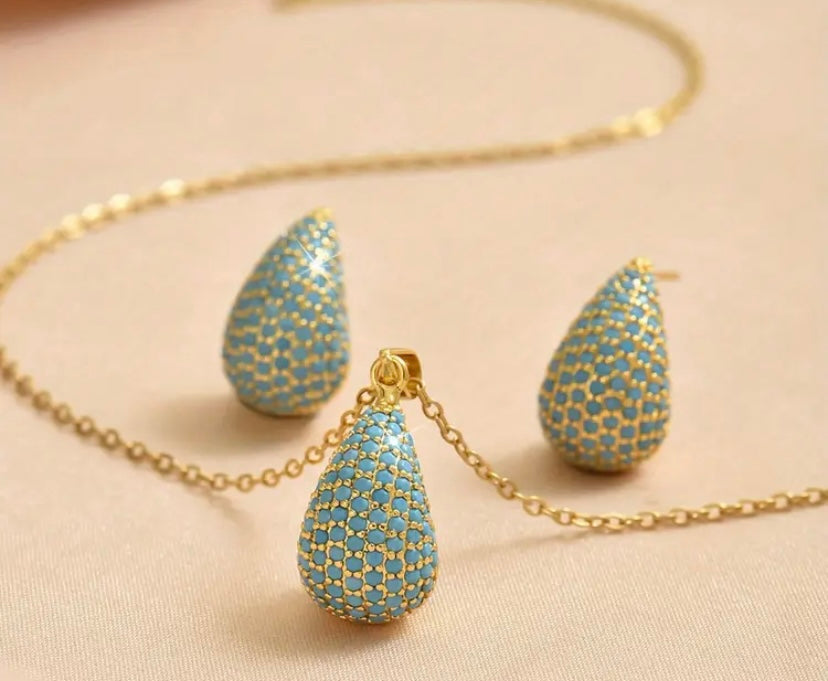 Gold colored turquoise necklace and earring set